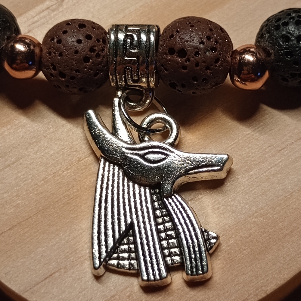 Anubis Charm And Lava Stone Beaded Bracelet - Black and Brown - Picture 2 of 4